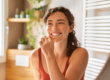 woman smiles while brushing her teeth and thinks about how to take care of porcelain veneers